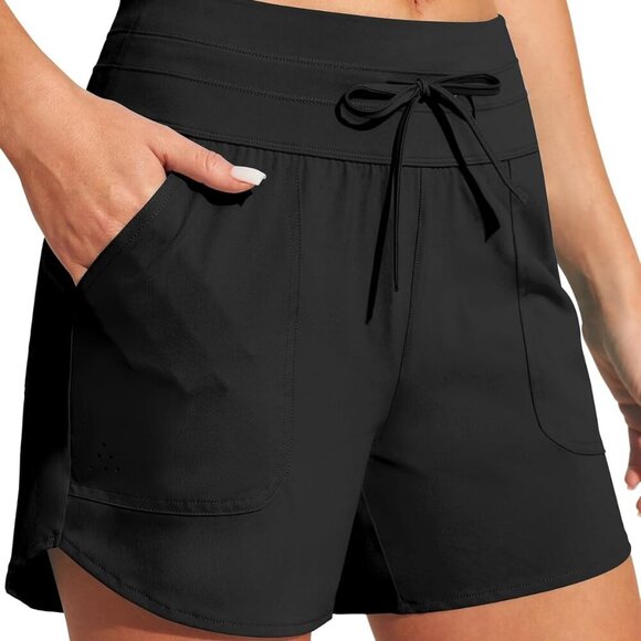 Women's 5" Stretchy High Waist Swim Shorts in Black - Picture 1 of 5